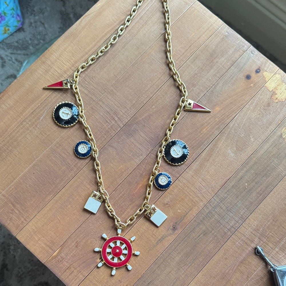 Gold-Tone Nautical Charm Necklace with Red and Navy Accents
